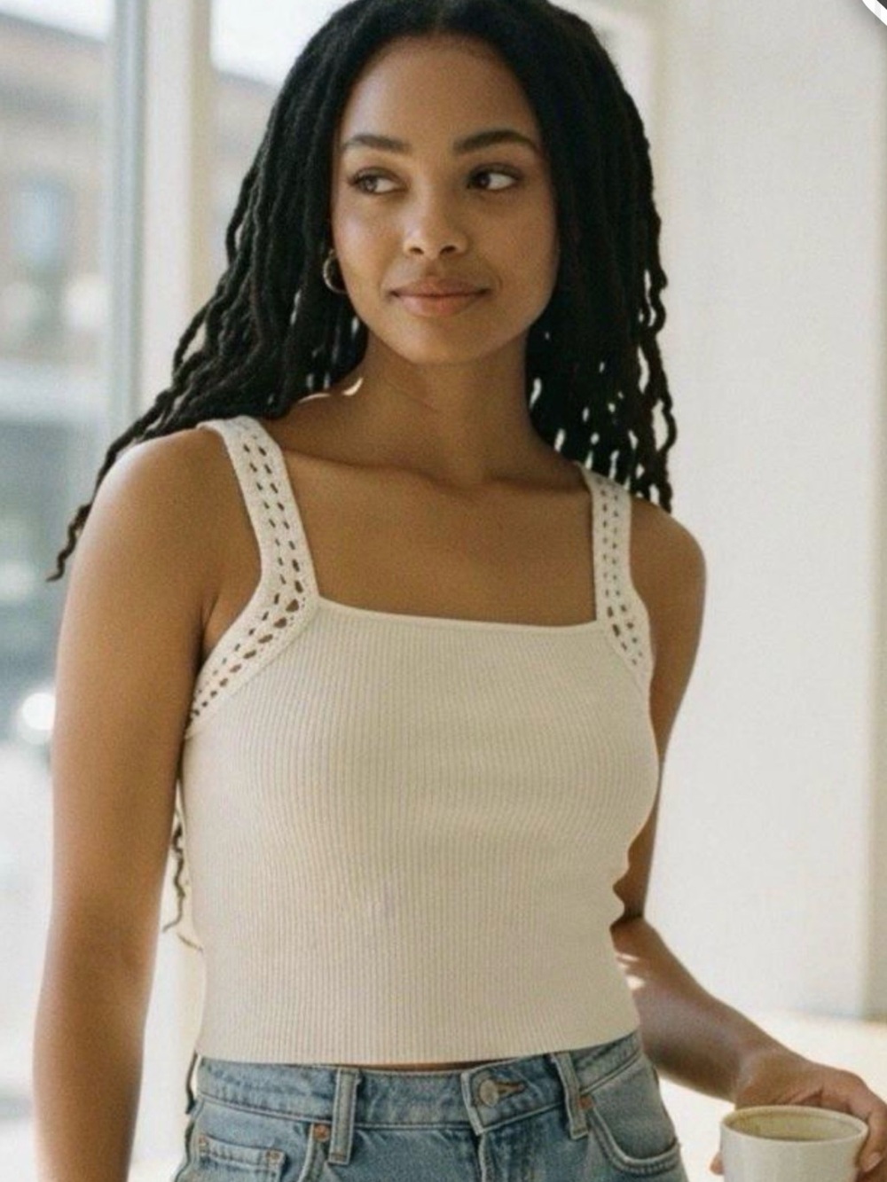 American Eagle Outfitters Crochet-Trim Square Neck Ribbed Tank - Cream